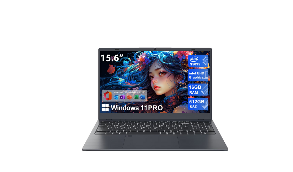 RNRUO 15.6" Windows 11 Pro Laptop, 16GB RAM 1TB SSD, Intel Celeron N5095 2.9GHz With Office 2024 Fingerprint Backlit Keyboard 1920*1080 IPS FHD Display for Student, Home Office, Business