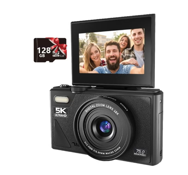 Digital Camera, 5K Point and Shoot Digital Cameras with 128GB SD Card, 75MP Digital Camera for Photography and Video, Vlogging Camera with 3'' Flip Screen, 18X Digital Zoom Cameras Digital for Kids Boys Girls  4.1      64 Ratings