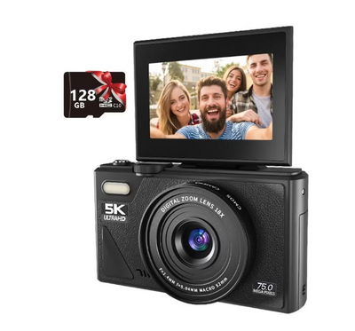 Digital Camera, 5K Point and Shoot Digital Cameras with 128GB SD Card, 75MP Digital Camera for Photography and Video, Vlogging Camera with 3'' Flip Screen, 18X Digital Zoom Cameras Digital for Kids Boys Girls  4.1      64 Ratings