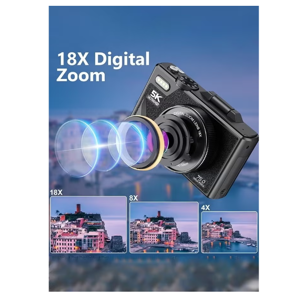 Digital Camera, 5K Point and Shoot Digital Cameras with 128GB SD Card, 75MP Digital Camera for Photography and Video, Vlogging Camera with 3'' Flip Screen, 18X Digital Zoom Cameras Digital for Kids Boys Girls  4.1      64 Ratings