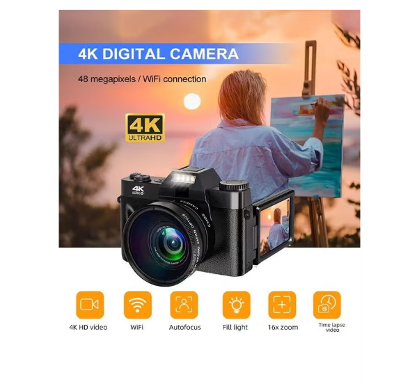 4K Digital Camera 75MP 16X Digital Zoom 3 inch Flip Screen WiFi Web Camcorder Vintage Photography Compact Professional Video Camera
