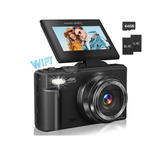 4K Digital Camera for Photography, WiFi 64MP Autofocus Vlogging Camera for YouTube with 3" 180°Flip Screen, 18X Digital Zoom Compact Vlog Travel Camera with 2 Batteries, 64G SD Card, Black