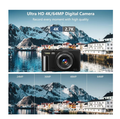 4K Digital Camera for Photography, WiFi 64MP Autofocus Vlogging Camera for YouTube with 3" 180°Flip Screen, 18X Digital Zoom Compact Vlog Travel Camera with 2 Batteries, 64G SD Card, Black