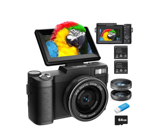 5K Digital Camera for Photography 64MP Auto-Focus Vlogging Camera for YouTube 3" 180° Flip Screen Compact Travel 18X Digital Zoom, Anti-Shake, Wide-Angle & Macro Lens, 2 Batteries & 64GB TF Card