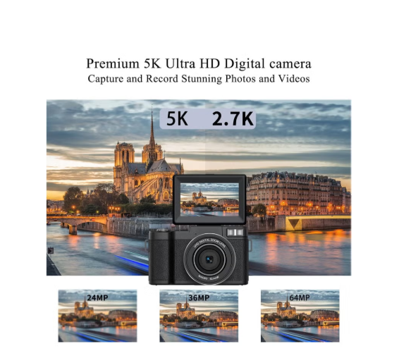 5K Digital Camera for Photography 64MP Auto-Focus Vlogging Camera for YouTube 3" 180° Flip Screen Compact Travel 18X Digital Zoom, Anti-Shake, Wide-Angle & Macro Lens, 2 Batteries & 64GB TF Card