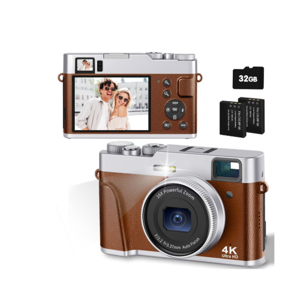 4K Digital Camera, Photography Autofocus 48MP Vlogging Camera, 16X Digital Zoom Video Camera Anti-Shake with 32GB Micro Card, Compact Point and Shoot Travel Cameras for Gifts Brown