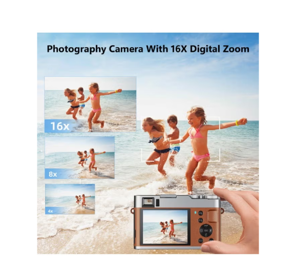 4K Digital Camera, Photography Autofocus 48MP Vlogging Camera, 16X Digital Zoom Video Camera Anti-Shake with 32GB Micro Card, Compact Point and Shoot Travel Cameras for Gifts Brown