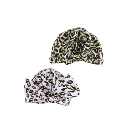 Women Girls Shower Caps, Waterproof Reusable Shower Hair Caps Turban Shower Bath Caps for Long, Short and Curly Hair,Set of 2（Leopard）